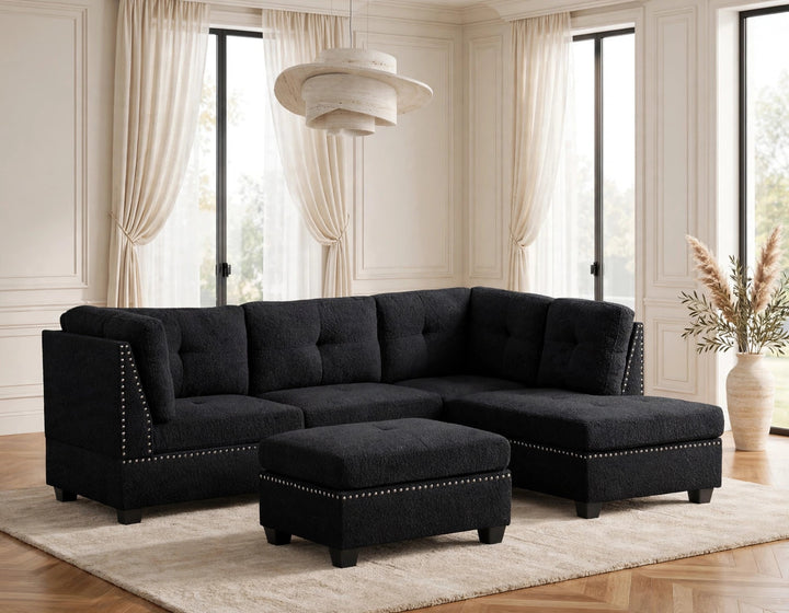 Sienna Boucle Black Sectional + Ottoman Set FLASH SALE