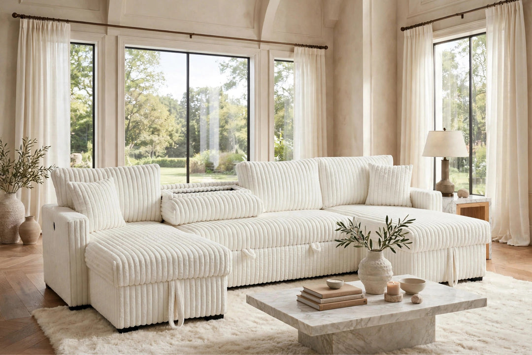 July Beige Double Storage Chaise Sectional (w/ Pull Out Bed)