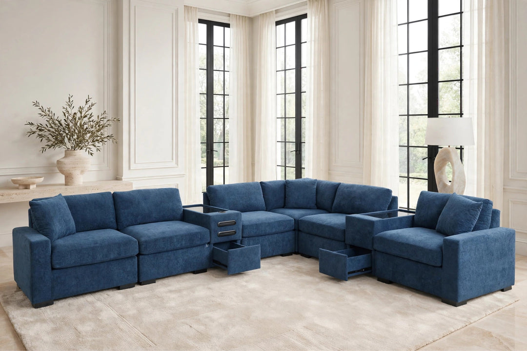 Barista Blue 8PC Modular Sectional Set (w/ Bluetooth Speaker)