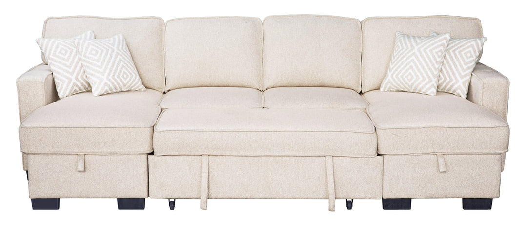 Sahara Beige - Double Storage Chaise Sectional w/ Drop Down Cupholders