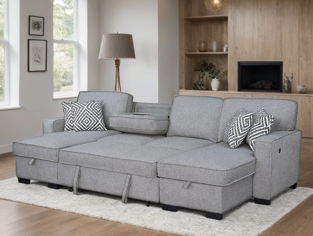 Sahara Gray - Double Storage Chaise Sectional w/ Drop Down Cupholders