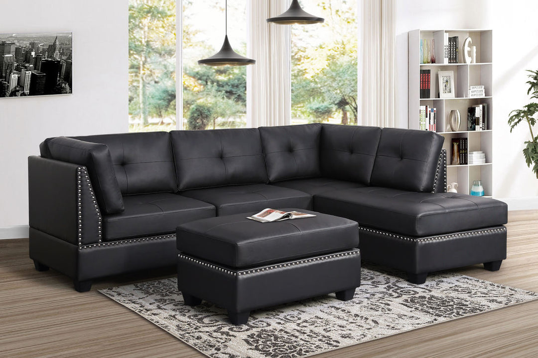 Sienna Sectional + Ottoman Set (Black Leather)