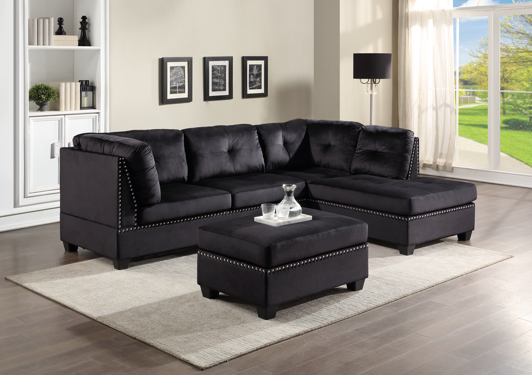 Sienna - Black Velvet Sectional + Ottoman Set (ETA 12/20)